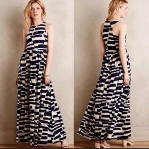 Anthropology Maxi Dress. Navy/Cream. Size XS. Pleated with Pockets